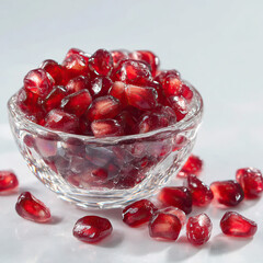 Pomegranate seeds in clear glass bowl sparkling jewel look on transparent background