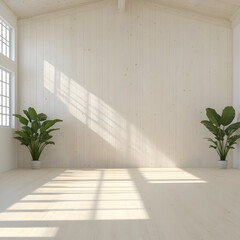 Bright and Airy Empty Room with Large Windows and Green Plants.
