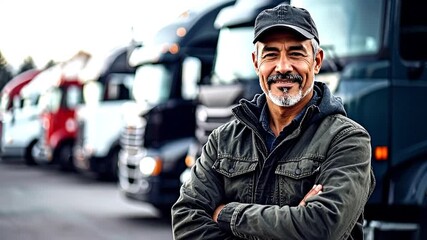 Experienced truck driver with crossed arms smiling confidently in front of a row of semi-trucks - Powered by Adobe