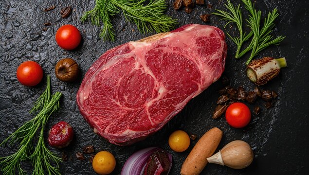 Top view of a raw t-bone steak with assorted ingredients on a dark stone surface