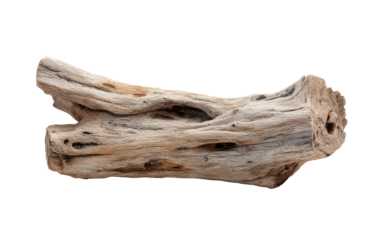 Weathered driftwood log with holes and textured surface on black natural, Isolated On Transparent Background, Png Cut Out