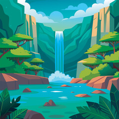 Lush Cartoon Waterfall Landscape