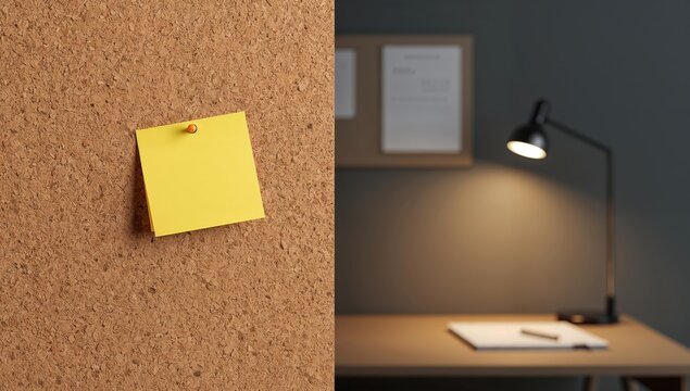 Blank yellow sticky notes attached to a cork bulletin board.