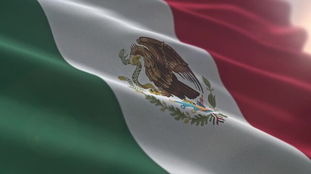 Flying the national flag of the North American country of Mexico. Waving the national flag symbol of Mexico. National flag of Mexico with vertical green white and red stripes. Coat of arms. Banner
