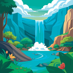Lush Cartoon Waterfall Landscape
