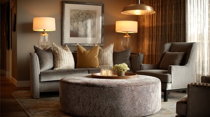 Modern luxury living room with beautifull sofa and couch with unique Wall painting and lamp 