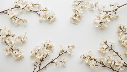 Branches of white acacia blossoms on a plain white surface. Overhead view with blank area.