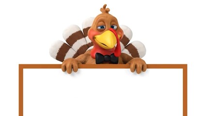 Animated turkey with a bow tie, eyes, and a beak holding up a blank, white, rectangular sign
