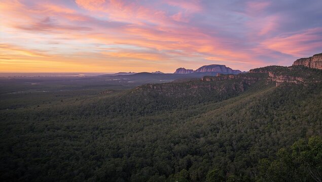 Sunset panorama of the iconic volcanic peaks from a mountain viewpoint