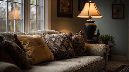 Modern luxury living room with beautifull sofa and couch with lamp and flower pot, glass window 