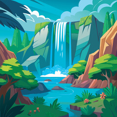 Lush Cartoon Waterfall Landscape