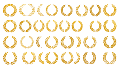 Golden laurel wreaths arranged in a grid on a black background, shining and shimmering with light