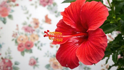 Fototapeta premium Detailed view of a vibrant red bloom surrounded by lush foliage and petals, showcasing stunning hues and a soft backdrop.