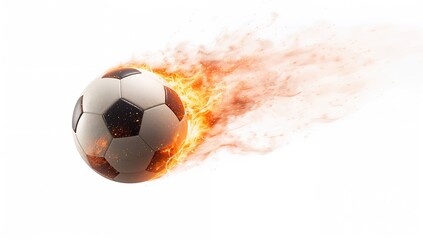 Fiery sparks flying around soccer balls in motion on a white background