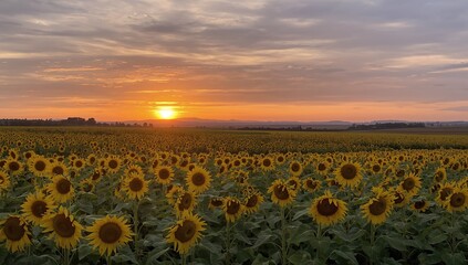 Obraz premium Sunset over a vast field of bright yellow sunflowers in the countryside
