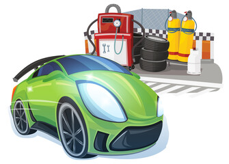Cartoon street racing car vehicle pitstop pitzone on white background illustration for children