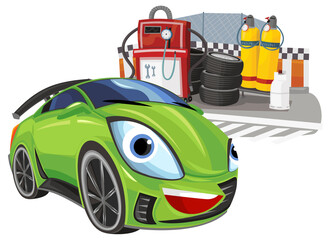 Cartoon street racing car vehicle pitstop pitzone on white background illustration for children