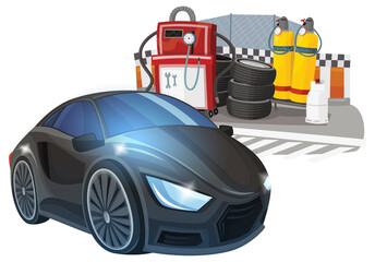 Naklejka premium Cartoon street racing car vehicle pitstop pitzone on white background illustration for children