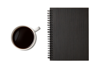 White coffee cup filled with dark coffee next to a black spiral bound notebook image, Isolated On Transparent Background, Png Cut Out