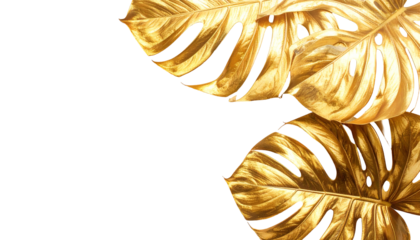 Golden monstera leaves overlay a black background, shining with light and form a striking, luxurious contrast