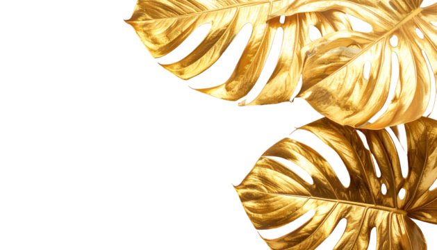 Golden monstera leaves overlay a black background, shining with light and form a striking, luxurious contrast