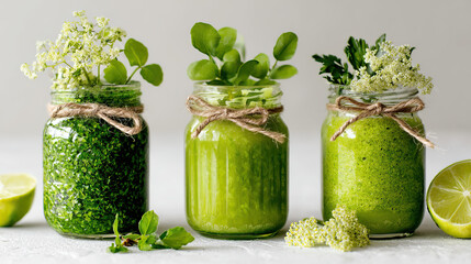 Set of three green detox drinks in glass jars elegant display on transparent background