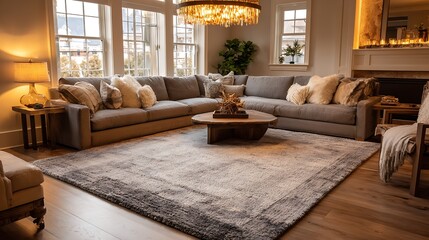 Modern living room with beautifull sofa and couch with curtains and candles With glass window and table crystal chandelier 