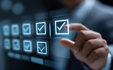 Businessman hand selecting checkbox on digital checklist. person completing task on virtual screen for quality control, survey, and evaluation