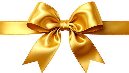 Lustrous golden bow with a flowing ribbon, elegantly arranged and shimmering against a transparent background