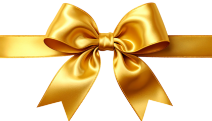 Lustrous golden bow with a flowing ribbon, elegantly arranged and shimmering against a transparent background