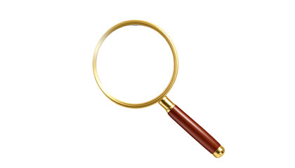 Magnifying glass with gold frame and brown wooden handle on solid black background