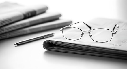 Newspaper with glasses and pen isolated on white background for reading