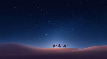 Serene, spiritual journey of three wise men riding camels across vast desert at night. Their silhouettes move under beautiful starry sky toward bright guiding light
