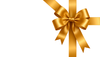 Golden ribbon bow in the corner of a black background.  Vertical ribbon, bow in the upper right corner