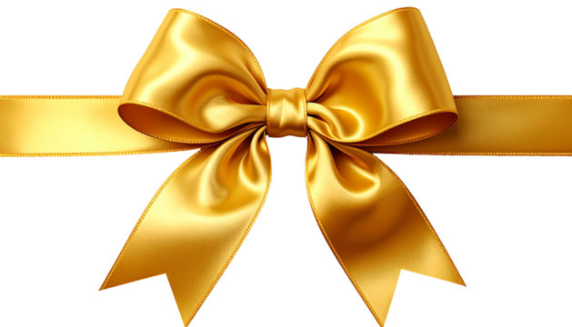 Lustrous golden bow with a flowing ribbon, elegantly arranged and shimmering against a transparent background