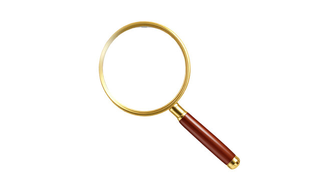 Magnifying glass with gold frame and brown wooden handle on solid black background