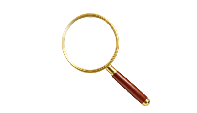 Magnifying glass with gold frame and brown wooden handle on solid black background