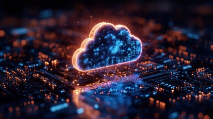 Glowing cloud icon on circuit board