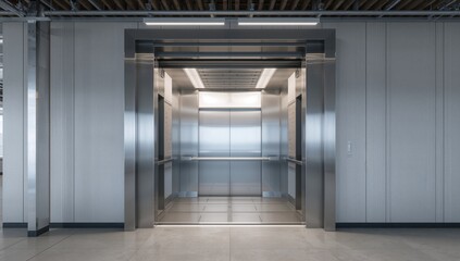 Contemporary cargo lift with a stylish dual-panel sliding door system. Unoccupied freight elevator
