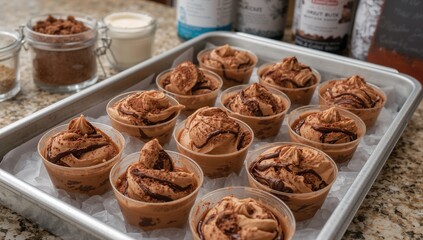 Homemade chocolate and peanut butter ice cream served in cups