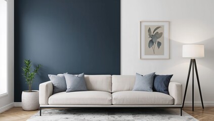 Fototapeta premium Contemporary lounge area with a dual-colored wall showcasing a navy section and a white background. Elegant furnishings such as a couch, framed artwork, and lighting fixture.