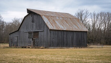 Expansive aged wooden barn with a rusted metal roof, situated in a field bordered by a wire fence and leafless trees under a cloudy sky during early spring