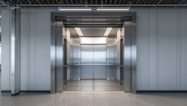 Contemporary cargo lift with a stylish dual-panel sliding door system. Unoccupied freight elevator