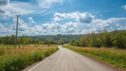 Fototapeta premium Summer landscape with road, flowers, trees, and sky