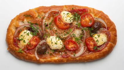 Tasty handcrafted rustic sourdough bread topped with red onions, cherry tomatoes, kalamata olives, fresh herbs, and melted Mozzarella cheese. Overhead shot on white backdrop with space for text.