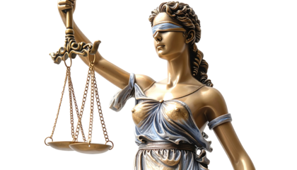 Golden statue of Lady Justice holding scales aloft, blindfolded, symbolizing impartiality and balance