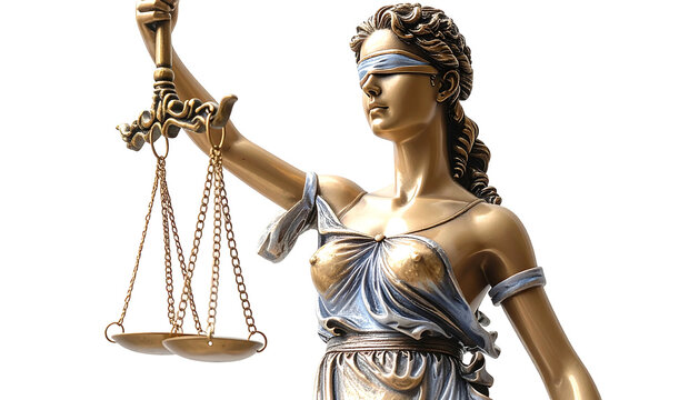 Golden statue of Lady Justice holding scales aloft, blindfolded, symbolizing impartiality and balance