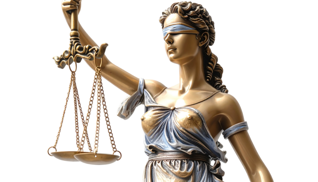 Golden statue of Lady Justice holding scales aloft, blindfolded, symbolizing impartiality and balance
