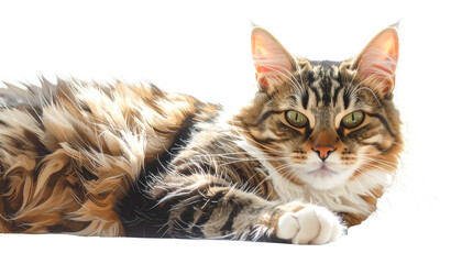 Majestic cat with tabby markings lounges, sunlit, with attentive green eyes and fluffy, cream-tipped fur