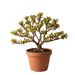 Miniature Bonsai Tree With Green Leaves And Reddish Stems In A Brown Ceramic Pot Centered Against A Transparent Background
